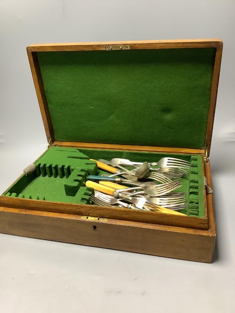 A quantity of mixed mainly 18th and 19th century silver flatware, various dates and makers and a small group of plated cutlery